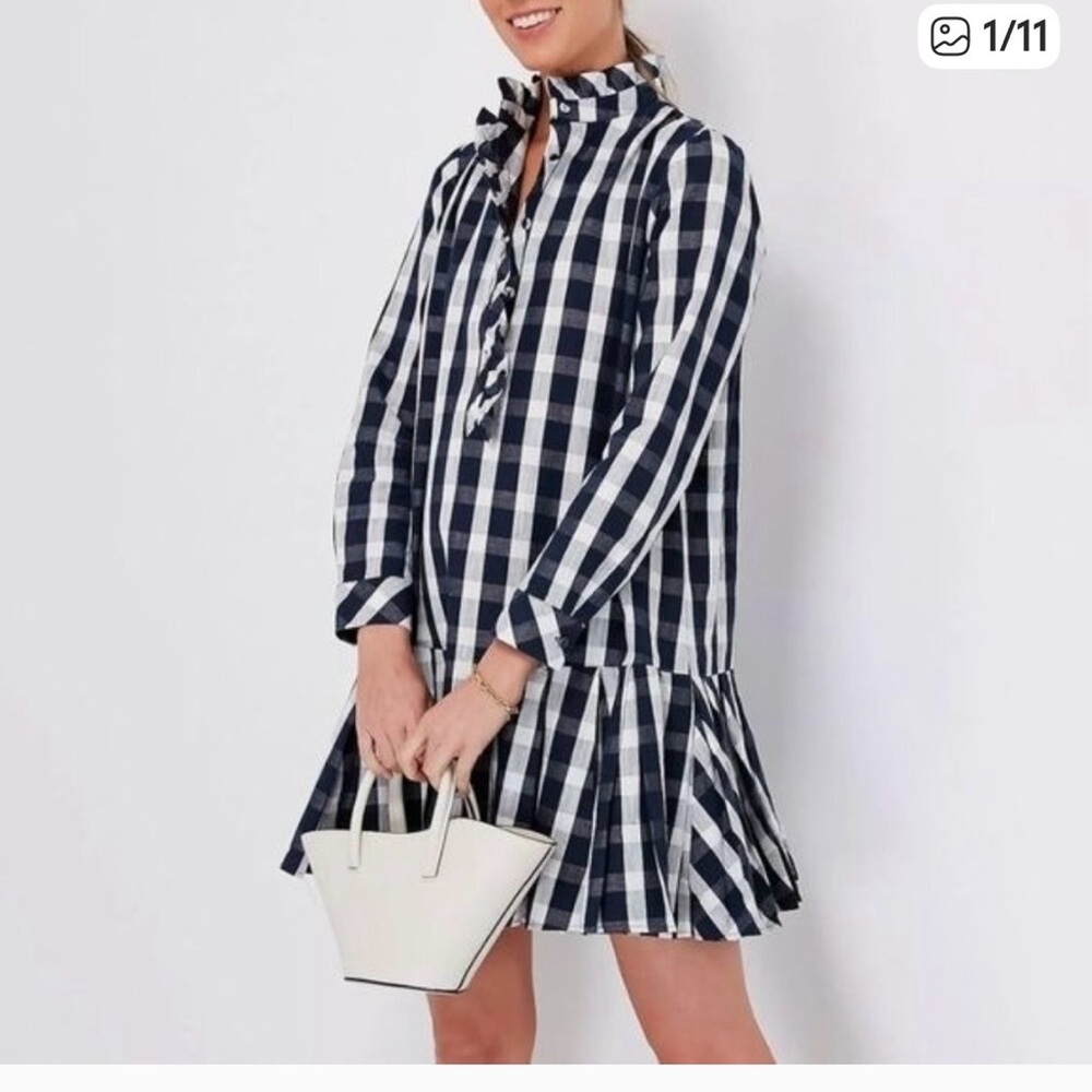Tuckernuck Blue and White TATE Gingham Checked Long Sleeve Knee Length Dress